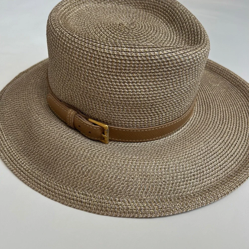 Eric Javits New York Squishee Straw Hat Gold Tan Wide Brim Buckle Packable